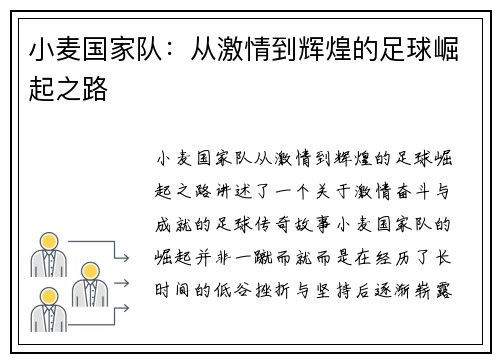 小麦国家队：从激情到辉煌的足球崛起之路