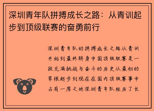 深圳青年队拼搏成长之路:从青训起步到顶级联赛的奋勇前行 深圳青年队拼搏成长之路:从青训起步到顶级联赛的奋勇前行